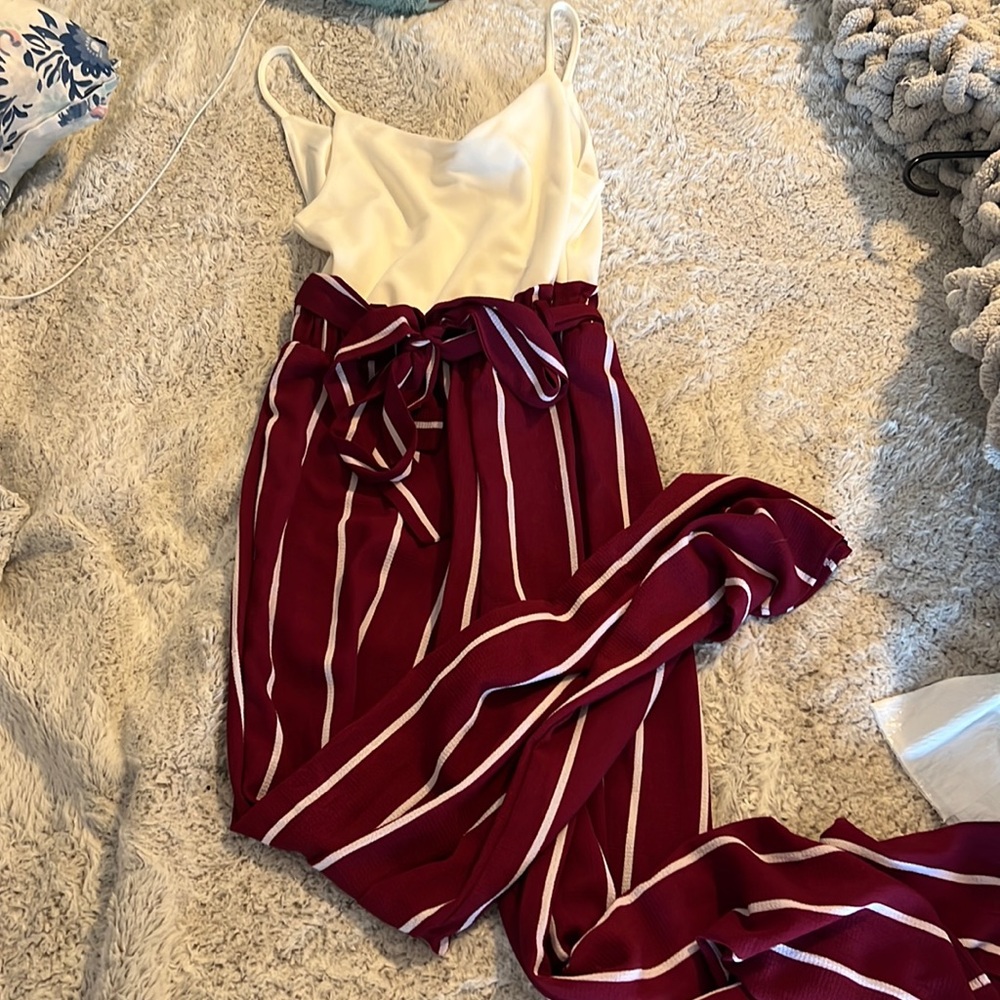 striped maroon and white jumper/ one piece